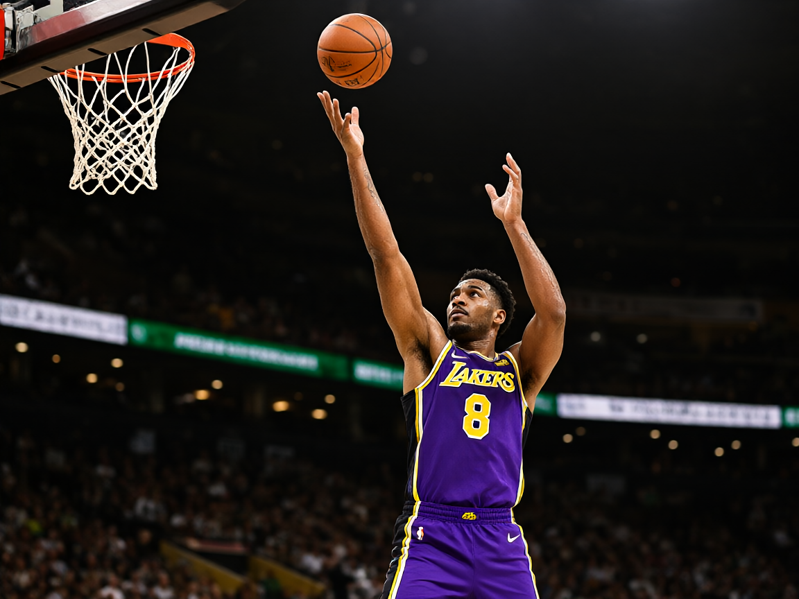 NBA比赛中球员跳投瞬间，篮球在空中划出优美弧线