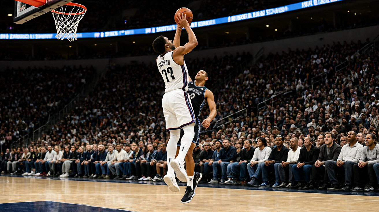 NBA篮球比赛现场，球员空中对抗上篮的精彩瞬间